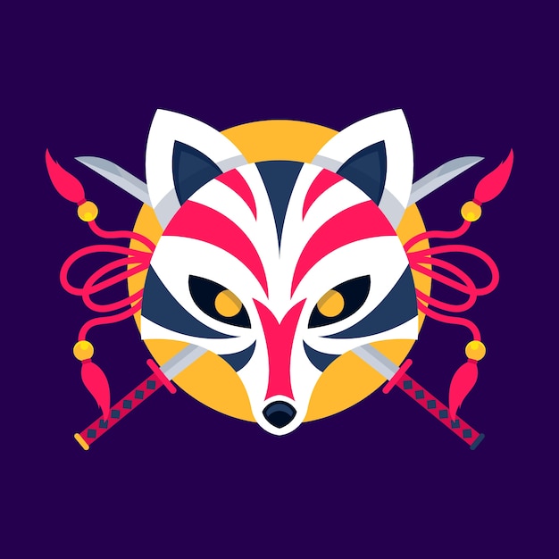 Hand drawn flat design kitsune mask illustration