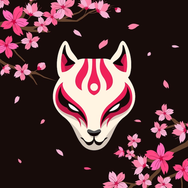 Hand drawn flat design kitsune mask illustration