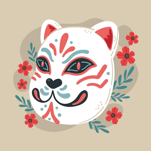 Illustrazione della maschera kitsune dal design piatto disegnato a mano