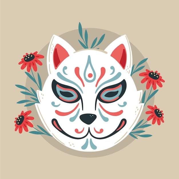 Illustrazione della maschera kitsune dal design piatto disegnato a mano