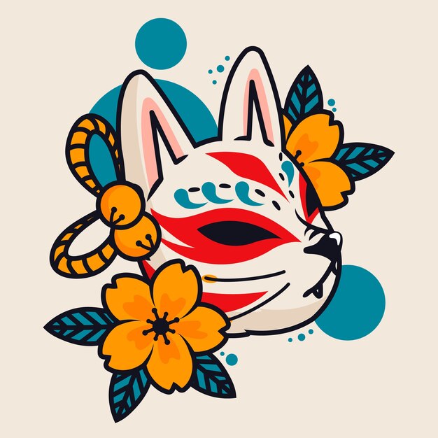 Hand drawn flat design kitsune mask illustration