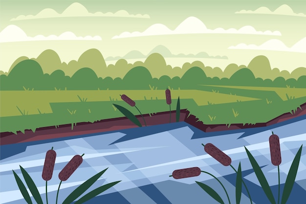 Hand drawn flat design lake scenery