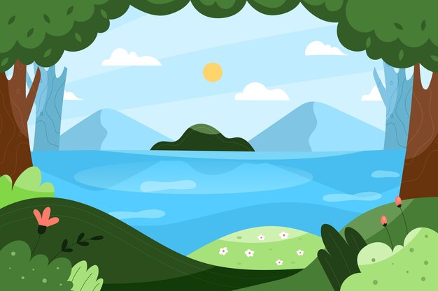 Vettore gratuito paesaggio del lago di design piatto disegnato a mano