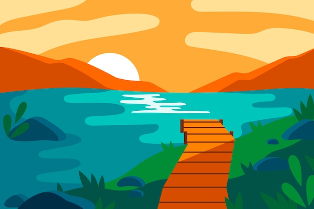 Free vector hand drawn flat design lake scenery