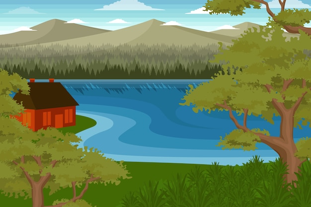 Бесплатное векторное изображение Ручной обращается плоский дизайн пейзажа озера
