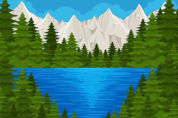 無料ベクター 手描きのフラットなデザインの湖の風景