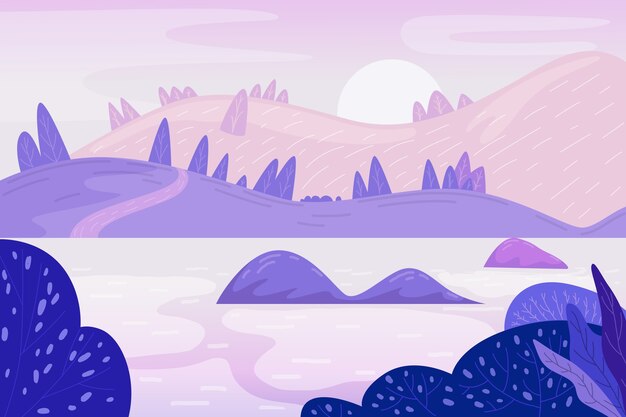 Hand drawn flat design lake scenery