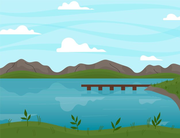 Paesaggio del lago di design piatto disegnato a mano