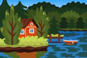 無料ベクター 手描きのフラットなデザインの湖の風景
