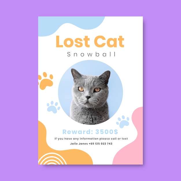 Free vector hand drawn flat design lost cat snowball poster