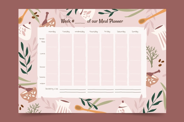 Planner pasto design piatto disegnato a mano