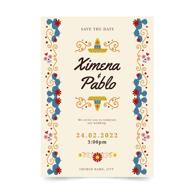 Hand drawn flat design mexican wedding invitations