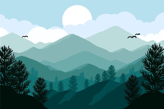 Hand drawn flat design mountain landscape