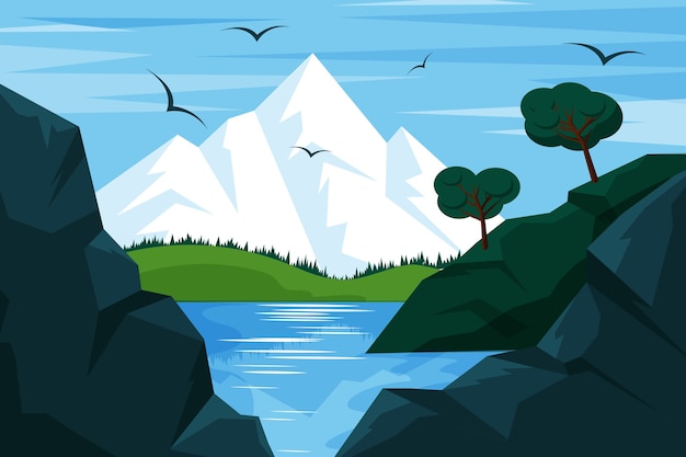 Hand drawn flat design mountain landscape