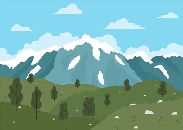 Hand drawn flat design mountain landscape