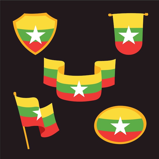 Emblemi nazionali del myanmar di design piatto disegnato a mano