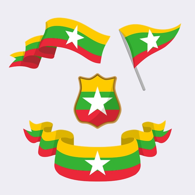Ручно нарисованная плоская конструкция Национальные эмблемы Мьянмы