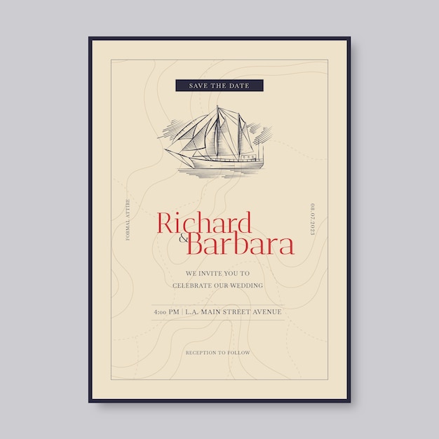 Hand drawn flat design nautical wedding invitations