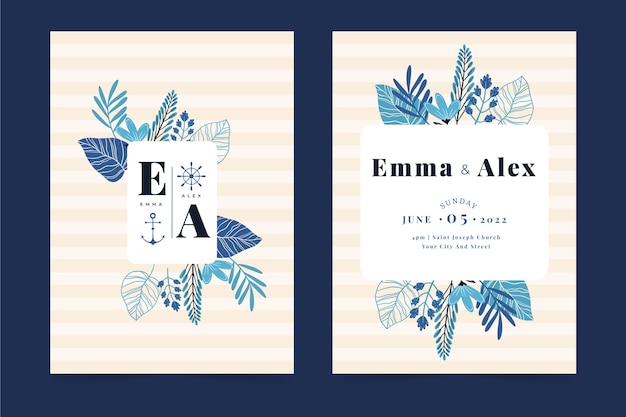 Free vector hand drawn flat design nautical wedding invitations