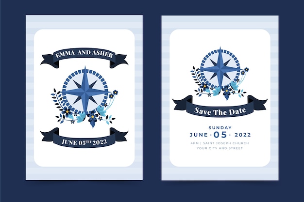 Hand drawn flat design nautical wedding invitations