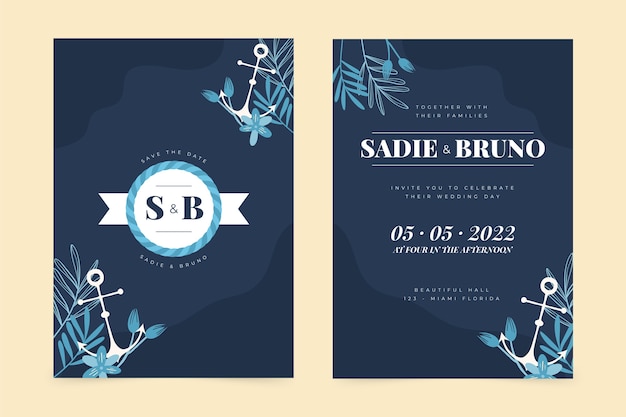 Free vector hand drawn flat design nautical wedding invitations