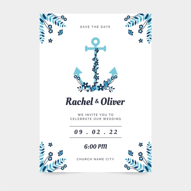 Hand drawn flat design nautical wedding invitations