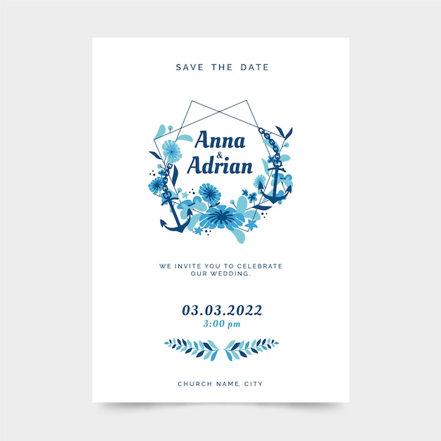 Hand drawn flat design nautical wedding invitations