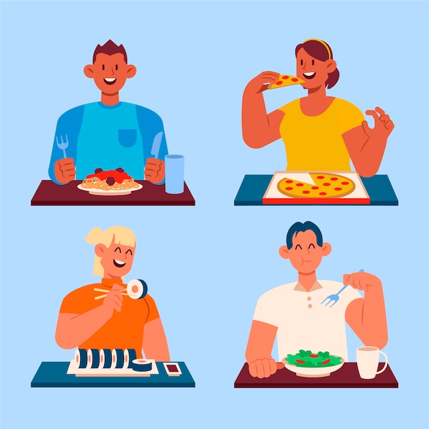 Free vector hand drawn flat design people eating collection