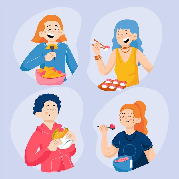 Free vector hand drawn flat design people eating collection