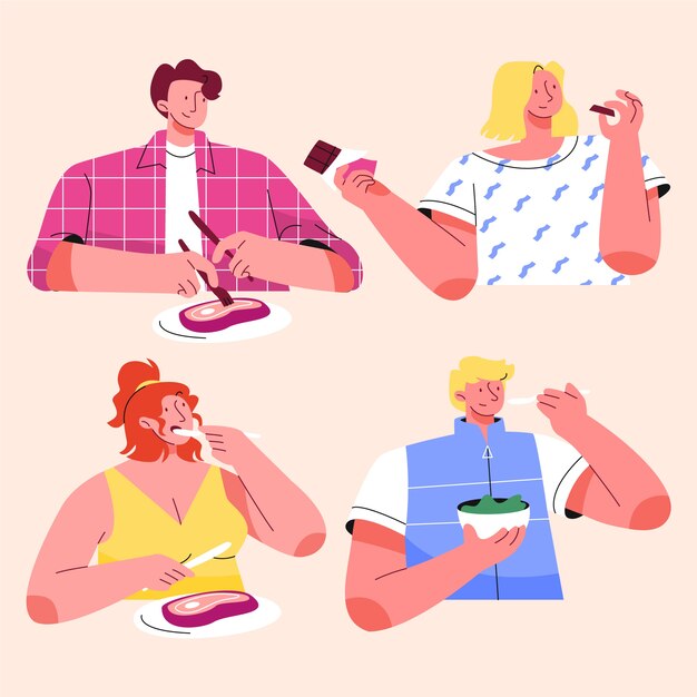 Hand drawn flat design people eating collection