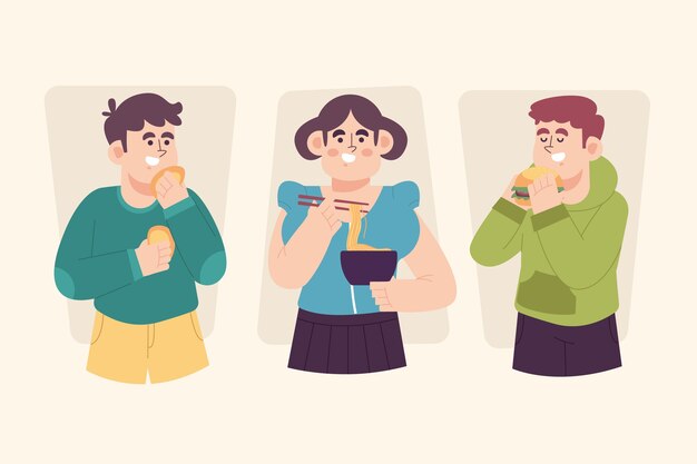 손으로 그린 평면 디자인 사람들이 컬렉션을 먹고