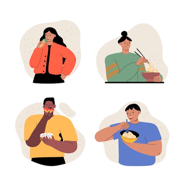 Hand drawn flat design people eating collection