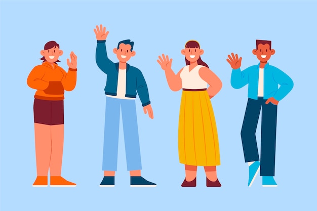 Hand drawn flat design people waving illustration