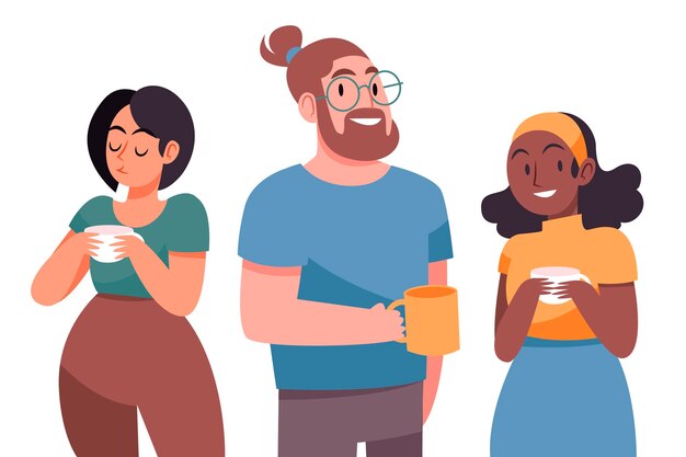 Hand drawn flat design of  people with hot drinks