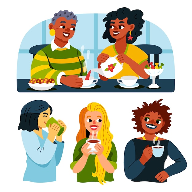 Free vector hand drawn flat design people with hot drinks