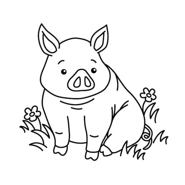 手描きのフラットなデザインの豚のアウトライン