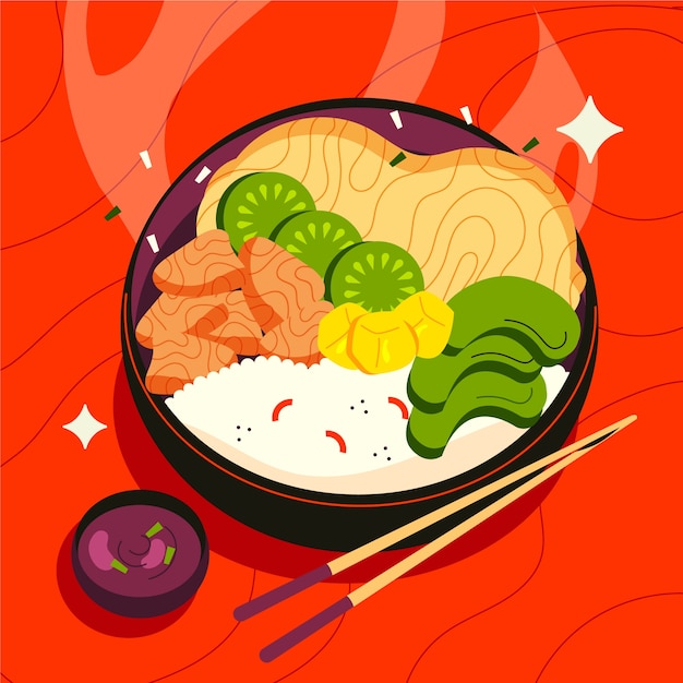 Hand drawn flat design poke bowl illustration