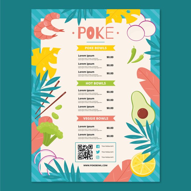 Hand drawn flat design poke menu template