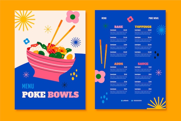 Vettore gratuito modello di menu poke design piatto disegnato a mano