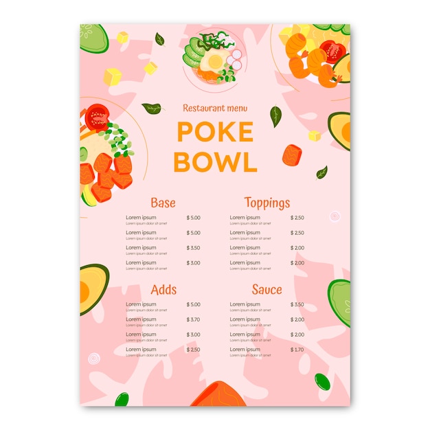 Vettore gratuito modello di menu poke design piatto disegnato a mano