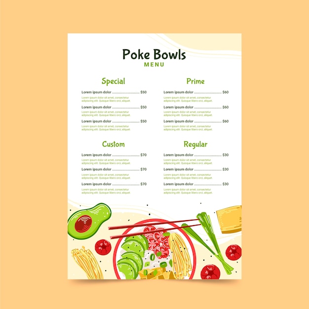 Vettore gratuito modello di menu poke design piatto disegnato a mano