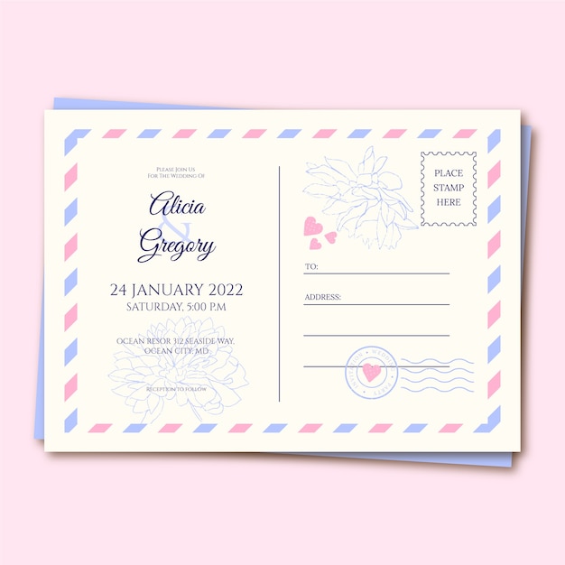 Hand drawn flat design postcard wedding invitations