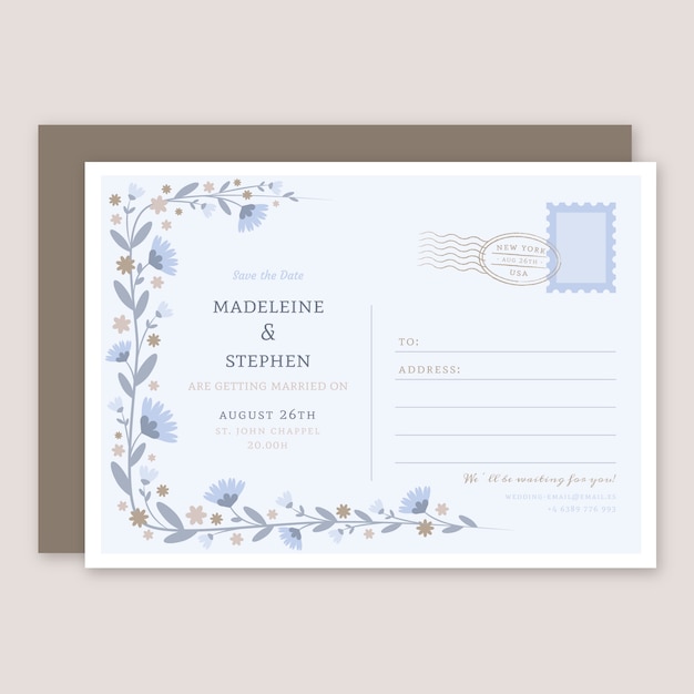 Free vector hand drawn flat design postcard wedding invitations