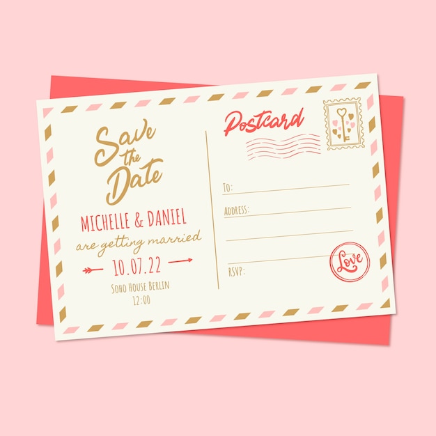 Free vector hand drawn flat design postcard wedding invitations