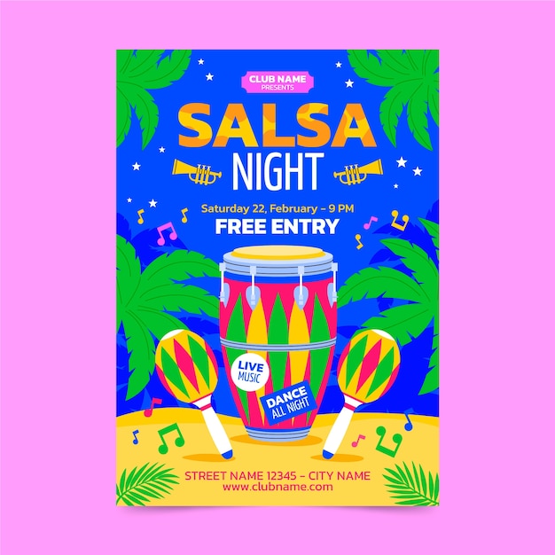 Vettore gratuito poster di festa di salsa design piatto disegnato a mano