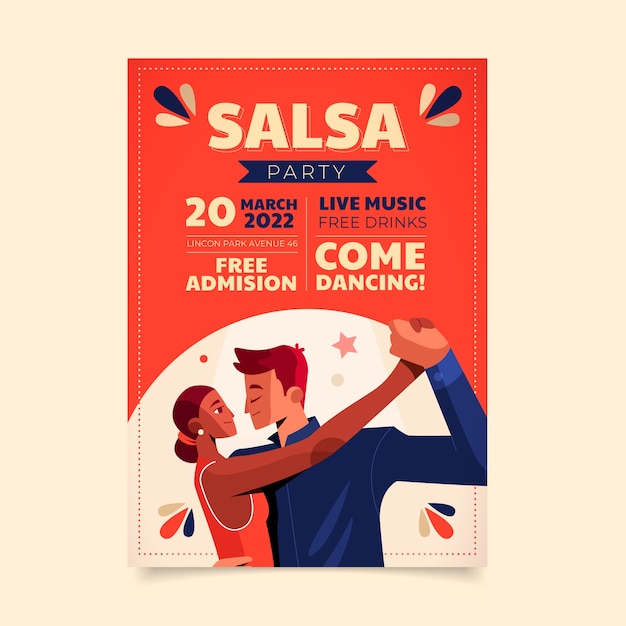 Vettore gratuito poster di salsa design piatto disegnato a mano