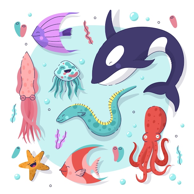 손으로 그린 평면 디자인 바다 동물 컬렉션