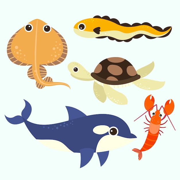 손으로 그린 평면 디자인 바다 동물 컬렉션