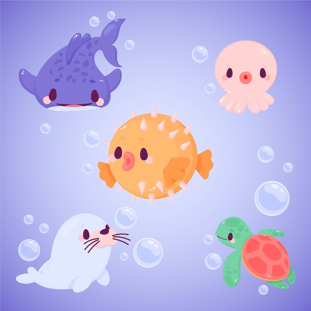 Hand drawn flat design sea animals collection