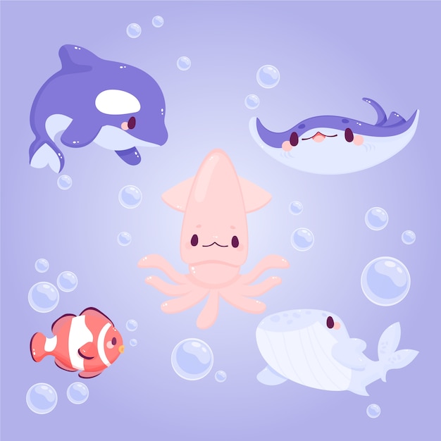 Hand drawn flat design sea animals collection